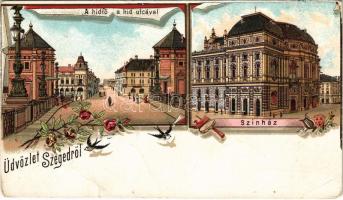 Szeged, Hídfő és Híd utca, színház. Art Nouveau, floral, litho (szakadás / tear)