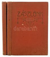 1912-1914 Zászlónk c. ifjúsági lap két teljes évfolyama egybekötve (két kötetben), XI. és XII. évf. 1-10. sz., 1912. szept. 15. - 1913. jún. 15., 1913. szept. 15. - 1914. jún. 15. Kiadja a Regnum Marianum. Márton Ferenc, Horn Antal és mások illusztrációival. Korabeli aranyozott egészvászon-kötésben, kissé viseltes borítókkal, néhány sérült, foltos lappal.