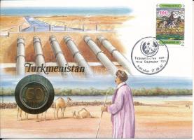 Türkmenisztán felbélyegzett borítékban, bélyegzéssel, német nyelvű tájékoztatóval, benne Oroszország 1992. 50R bimetál T:UNC  Turkmenistan in envelope with stamp, cancellation and a prospectus in german, in it Russia 1992. 50 Rubles bimetallic C:UNC