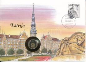 Lettország 1992. 50s Cu-Ni felbélyegzett borítékban, bélyegzéssel, német nyelvű tájékoztatóval T:AU Latvia 1992. 50 Santimu Cu-Ni in envelope with stamp, cancellation and a prospectus in german C:AU