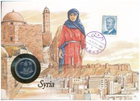 Szíria 1991. 1P felbélyegzett borítékban, bélyegzéssel, német nyelvű leírással T:UNC  Syria 1991. 1 Pound in envelope with stamp and cancellation, with German language description C:UNC