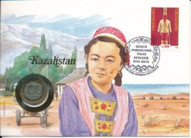 Kazahsztán felbélyegzett borítékban, bélyegzéssel, német nyelvű tájékoztatóval, benne Oroszország 1992. 100R bimetál T:AU Kazakhstan in envelope with stamp, cancellation and a prospectus in german, in it Russia 1992. 100 Rubles bimetallic C:AU