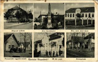 1942 Verpelét, Központi szálloda, 48-as honvédszobor, Római katolikus elemi iskola, M. kir. posta, Dohányáruda, Kerepesi üzlete. Kéry György fényképész (fl)