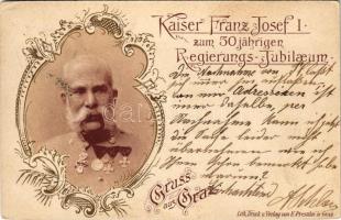 1898 (Vorläufer) Gruss aus Graz! Kaiser Franz Josef I. zum 50 jährigen Regierungs-Jubilaeum. E. Presuhn / Ferenc József uralkodásának 50. évfordulója / Franz Joseph's 50th anniversary of reign. Art Nouveau, floral (EK)