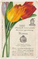 Valódi Frank kávé-pótlék reklámja. Kassai gyártmány. Kassa 1899. szep. 30. 12041 sz. magy. kir. miniszteri rendelet, címer. Honi mezőgazdaság, honi nyersanyag, honi munka, honi ipar, honi kereskedelem. &quot;Tulipán&quot; szójegy 1906. április 6-án 257. szám alatt beiktatva. litho / Franck coffee-substitute advertisement, Hungarian folklore, coat of arms, tulip, litho (kopott sarkak / worn corner)