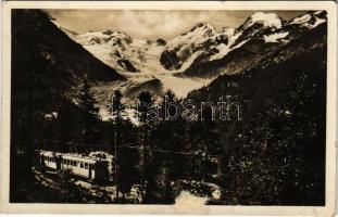 Morteratschgletscher mit Berninagruppe / glacier, train, railway line (small tear)