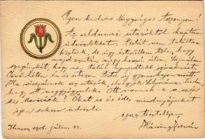 1906 Országos Tulipánkert Szövetség reklámlapja. A &quot;Tulipános Iparvédő Mozgalom&quot; Egykoronás jelvényével. Honi Ipar kiadása / Hungarian National Tulip Garden Association, Tulip movement, propaganda. Emb.