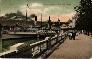 1907 Lucerne, Luzern; Schweizerhofquai u. Blick nach Pilatus / quay, steamship (Rb)