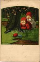 1927 Gyerekek húsvétkor / Children on Easter Day. August Rökl litho s: Pauli Ebner (EK)