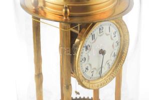 Antik német asztali óra, hiánnyal, javítással, nagyméretű üveg búrával, m: 41,5 cm