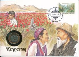 Kirgizisztán felbélyegzett borítékban, bélyegzéssel, német nyelvű tájékoztatóval, benne Oroszország 1992. 100R T:UNC Kyrgyzstan in envelope with stamp, cancellation and a prospectus in german, in it Russia 1992. 100 Rubles C:UNC