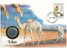 Líbia 1979. 50D felbélyegzett borítékban, bélyegzéssel, német nyelvű tájékoztatóval T:UNC  Libya 1979. 50 Dirhams in envelope with stamp, cancellation and a prospectus in german C:UNC