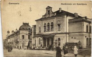 1916 Chernivtsi, Czernowitz, Cernauti, Csernyivci (Bukovina, Bucovina, Bukowina); Musikverein mit Rudolfs Platz / square, music club, shop. Verlag Moritz Gottlieb (EB)