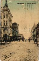 Chernivtsi, Czernowitz, Cernauti, Csernyivci (Bukovina, Bucovina, Bukowina); Rathaus Strasse. Verlag Moritz Gottlieb / street view, tram, publisher&#039;s shop (Rb)