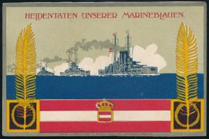 cca 1915 "Heldentaten unserer Marineblauen", a prágai M. Schuz műlapjainak (Kunstblätter), litografált reklám prospektusa, német nyelven, körbevágott, 9x14 cm