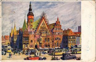 Wroclaw, Breslau; Rathaus / town hall, tram, automobiles (EB)