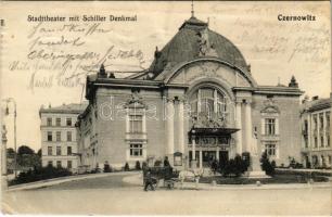 1913 Chernivtsi, Czernowitz, Cernauti, Csernyivci (Bukovina, Bucovina, Bukowina); Stadttheater mit Schiller Denkmal / theatre, monument (Rb)