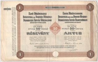 Miskolc 1936. &quot;Első Békéscsabai Rosenthal és Borsod-Miskolc-Debreceni István Gőzmalmok Részvénytársaság&quot; részvénye 50P-ről, német és magyar nyelven, szelvényekkel, bélyegzéssel T:F