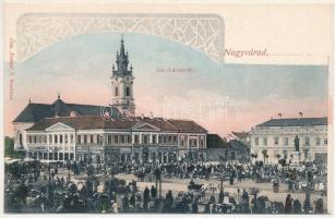 Nagyvárad, Oradea; Szent László tér, piac, Csarnok kávéház, Általános Takarékpénztár, Adria biztosítótársaság fiókja, Dell'Orto K. üzlete. Özv. Erenyi S. kiadása / square, market, café, savings bank, insurance company, shops