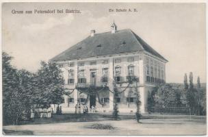 1911 Petres, Petersdorf (bei Bistritz), Petris; Ev. Schule / Evangélikus iskola / Lutheran school (EK)