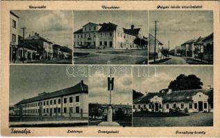 1943 Tornalja, Tornaalja, Tornala; utca, üzletek, Városháza, Polgári iskola, Laktanya, Országzászló, Tornallyay kastély. Kiadja Linassi Aurél / street view, shops, town hall, school, military barracks, Hungarian flag, castle