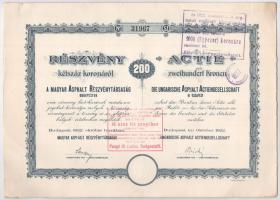 Budapest 1920. "Magyar Asphalt Részvénytársaság" részvénye 200K-ról, magyar és német nyelv...