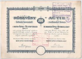 Budapest 1920. "Magyar Asphalt Részvénytársaság" részvénye 200K-ról, magyar és német nyelv...