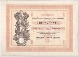 Makó 1929. "Makói Népbank Részvénytársaság" részvénye 50P-ről, szelvényekkel, szárazpecsét...