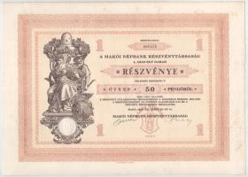 Makó 1929. "Makói Népbank Részvénytársaság" részvénye 50P-ről, szelvényekkel, szárazpecsét...