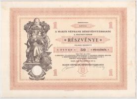 Makó 1929. "Makói Népbank Részvénytársaság" részvénye 50P-ről, szelvényekkel, szárazpecsét...