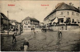 1910 Budapest I. Tabán, Szarvas tér, villamossín, omnibusz, üzletek