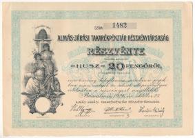 Bácsalmás 1926. &quot;Almás-Járási Takarékpénztár Részvénytársaság&quot; részvénye 20P-ről, szárazpecséttel, szelvényekkel T:XF