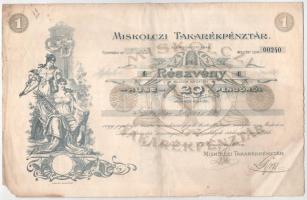 Miskolc 1926. &quot;Miskolczi Takarékpénztár&quot; részvénye 20P-ről szelvényekkel T:F foltos