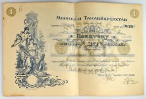 Miskolc 1926. &quot;Miskolczi Takarékpénztár&quot; részvénye 20P-ről szelvényekkel T:F foltos