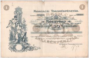 Miskolc 1928. &quot;Miskolczi Takarékpénztár&quot; részvénye 20P-ről szelvényekkel T:F foltos, szakadás