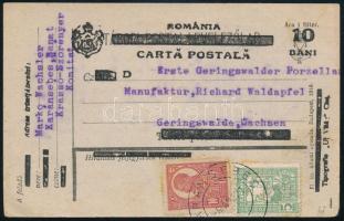 Nagyvárad 1921 10BANI/10f díjjegyes levelezőlap 15 Bani díjkiegészítéssel "KARÁNSEBES" - Geringswalde, Bodor vizsgálójellel