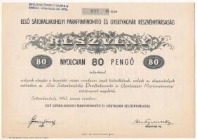 Sátoraljaújhely 1942. &quot;Első Sátoraljaújhelyi Paraffinfinomító és Gyertyagyár Részvénytársaság&quot; részvénye 80P-ről, bélyegzéssel, szelvényekkel T:AU