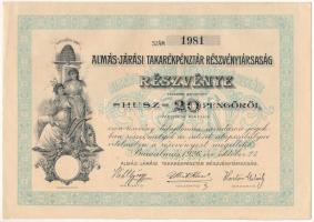 Bácsalmás 1926. "Almás-Járási Takarékpénztár Részvénytársaság" részvénye 20P-ről, szárazpecséttel, szelvényekkel T:AU