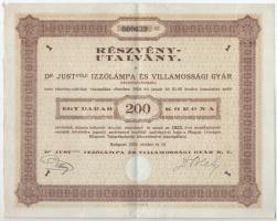 Budapest 1923. &quot;Dr. Just-féle Izzólámpa és Villamossági Gyár Részvénytársaság&quot; részvényutalványa 1db részvényről 200K értékben, szárazpecséttel T:XF