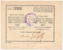 Nagybánya 1920. 100K &quot;Nagybányai Bank&quot; utalvány, sorszámozott, bélyegzéssel, aláírással T:F szép papír Baia Mare 1920. 100 Korona &quot;Banca Orasului Baia-Mare&quot; voucher with serial number, cancellations and signatures C:F fine paper Adamo NBA-1.2