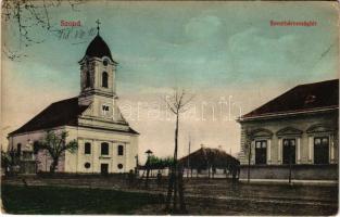 1918 Szond, Sonta; Szentháromság tér, templom. Freudinger Mór kiadása + &quot;BROD-SZEGED 30.&quot; vasúti mozgóposta / Trinity square, church (EK)