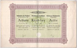 Románia / Nagyvárad 1922. &quot;Rézbányai Erdőipar&quot; részvénye 200L-ről, három nyelven szárazpecséttel, szelvényekkel T:XF / Romania Oradea / 1922. &quot;Rézbányai Erdőipar (Rézbánya Forestry Corporation)&quot; share about 200 Lei, on three language, with embossed stamp and coupons C:XF