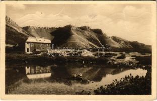 1956 Tátra, Magas-Tátra, Vysoké Tatry; Biele pleso s Kezmarskou chatou a Belanskymi Tatrami / Késmárki menedékház a Fehér tónál / tourist house, chalet, lake (gyűrődések / creases)