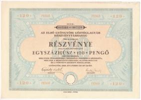 Gyöngyös 1929. &quot;Az Első Gyöngyösi Gőztéglagyár Részvénytársaság&quot; részvénye 120P-ről szelvényekkel T:AI kis beszakadás / Hungary / Gyöngyös 1929. &quot;The First Brick Facktory of Gyöngyös&quot; share about 120 Pengő, with coupons C:AU small tears