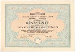 Gyöngyös 1929. "Az Első Gyöngyösi Gőztéglagyár Részvénytársaság" részvénye 120P-ről szelvényekkel T:AU / Hungary / Gyöngyös 1929. "The First Brick Facktory of Gyöngyös" share about 120 Pengő, with coupons C:AU