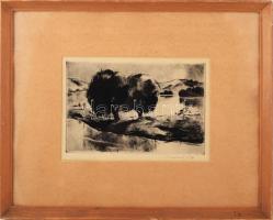 Csergezán Pál (1924-1996): Horgászok. Rézkarc, papír, jelzett, üvegezett fakeretben, 17,5x26 cm