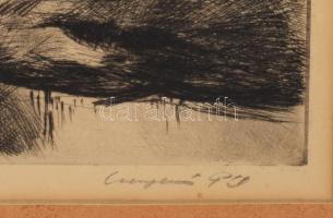 Csergezán Pál (1924-1996): Horgászok. Rézkarc, papír, jelzett, üvegezett fakeretben, 17,5x26 cm