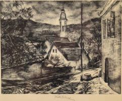 Bordás Ferenc (1911-1982): Utcarészlet. Fametszet, papír, jelzett. Üvegezett, sérült fakeretben, 23×30 cm