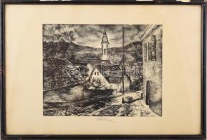 Bordás Ferenc (1911-1982): Utcarészlet. Fametszet, papír, jelzett. Üvegezett, sérült fakeretben, 23×...