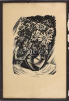 Bordás Ferenc (1911-1982): Virágcsendélet. Fametszet, papír, jelzett. Üvegezett, sérült fakeretben, ...